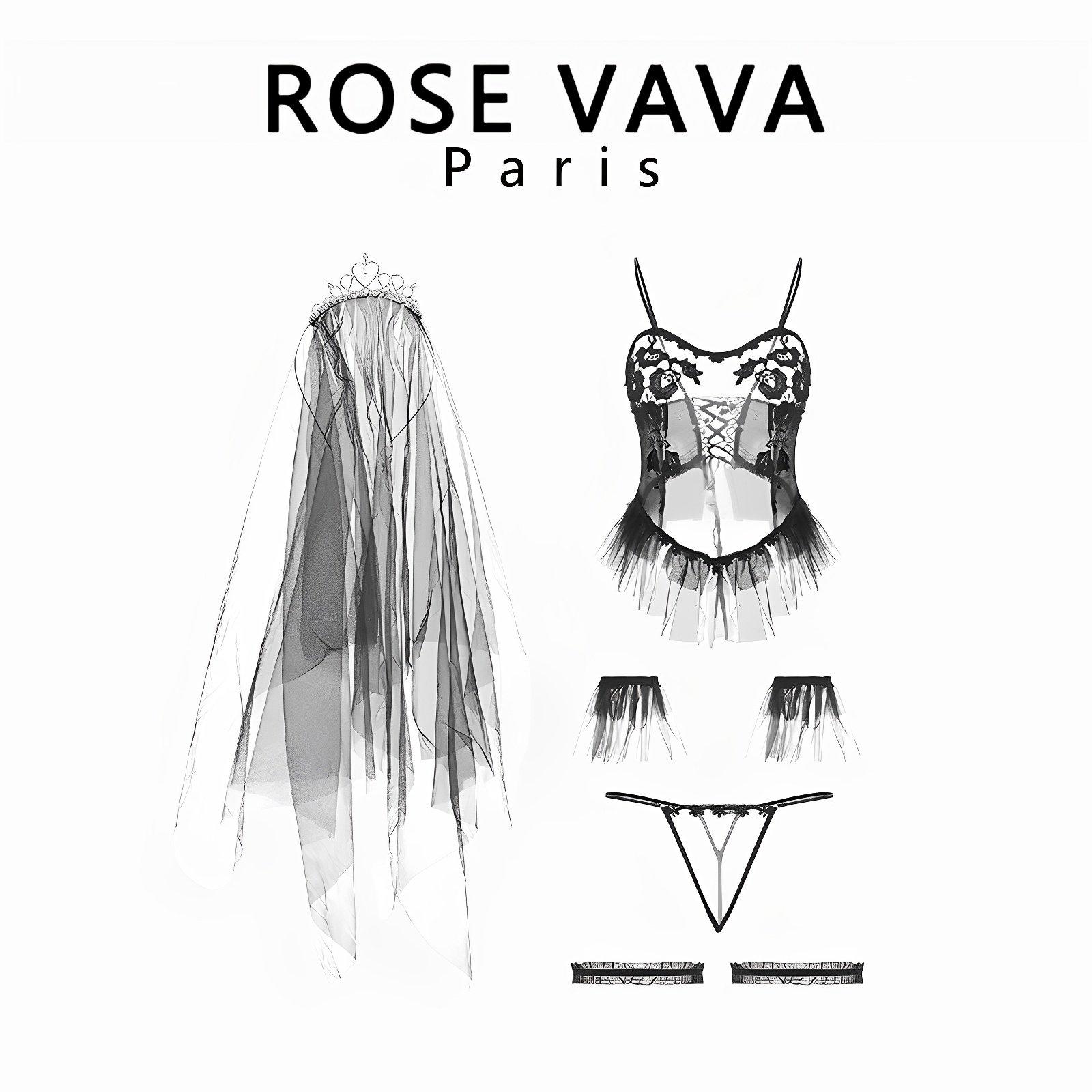 ROSE VAVA 透款带头纱性感神秘黑色蕾丝COS新娘制服家居服