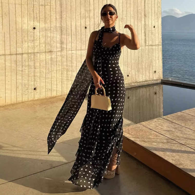 跨境欧美女装速卖通爆款波点围巾饰荷叶边连衣裙