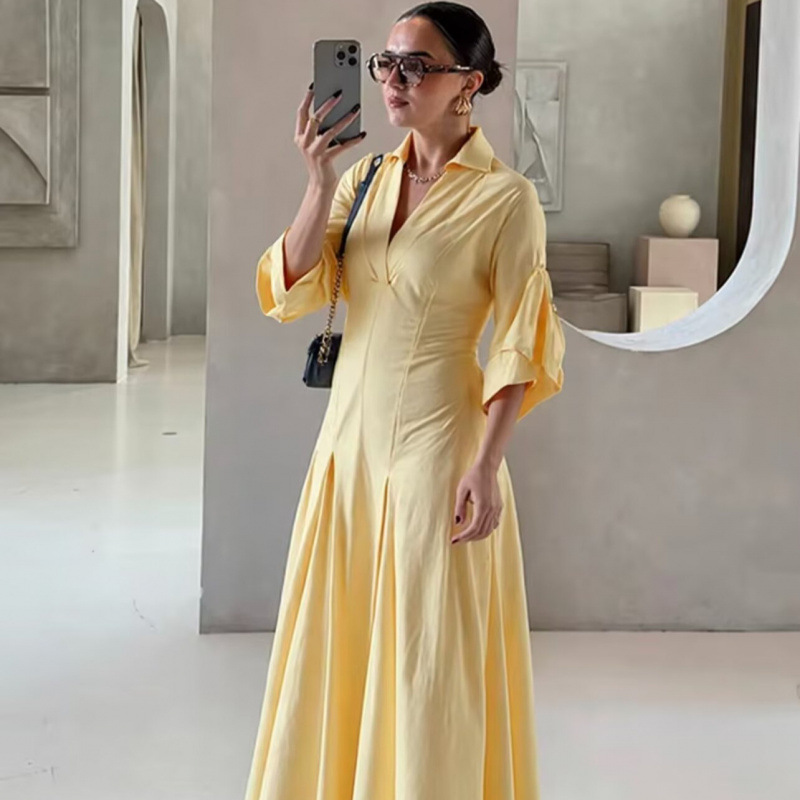 跨境欧美女装速卖通爆款时尚翻领衬衫风衣连衣裙