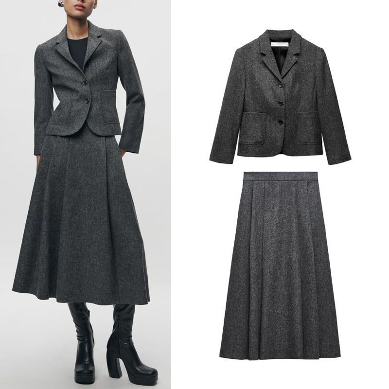 ZA 秋冬新款极简主义西装外套8454565 高腰A字半身迷笛裙8878565