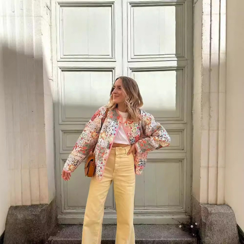 跨境欧美女装速卖通爆款拼色印花棉外套欧美时尚宽松休闲百搭