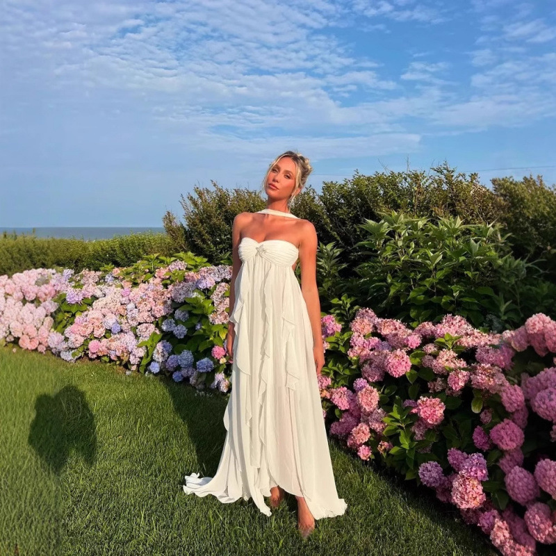 跨境欧美女装速卖通爆款度假风法式浪漫时尚花边抹胸挂脖连衣裙