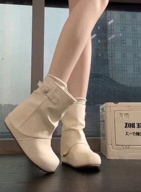 韩版米色皮带扣内增高骑士短靴女