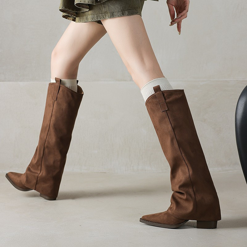 复古美拉德粗跟长筒靴女棕色尖头显瘦裤管靴骑士靴