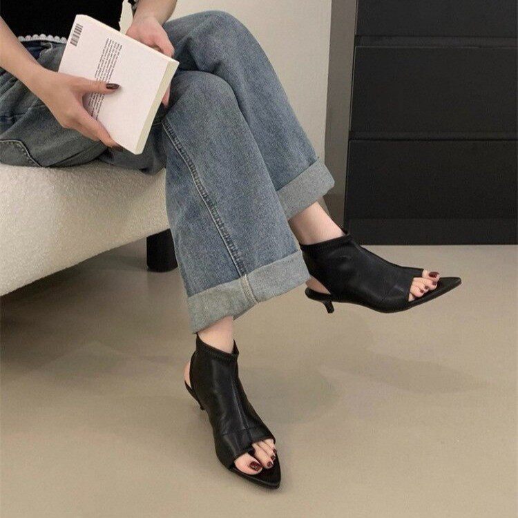 夏季新款弹力瘦瘦露趾细跟凉靴
