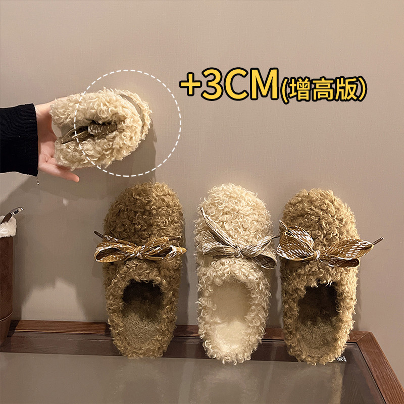 秋冬毛茸茸蝴蝶结保暖防滑拖鞋女