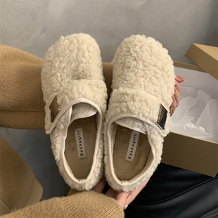平底羊羔毛毛鞋女外穿2024新款秋冬玛丽珍豆豆鞋加绒保暖孕妇棉鞋