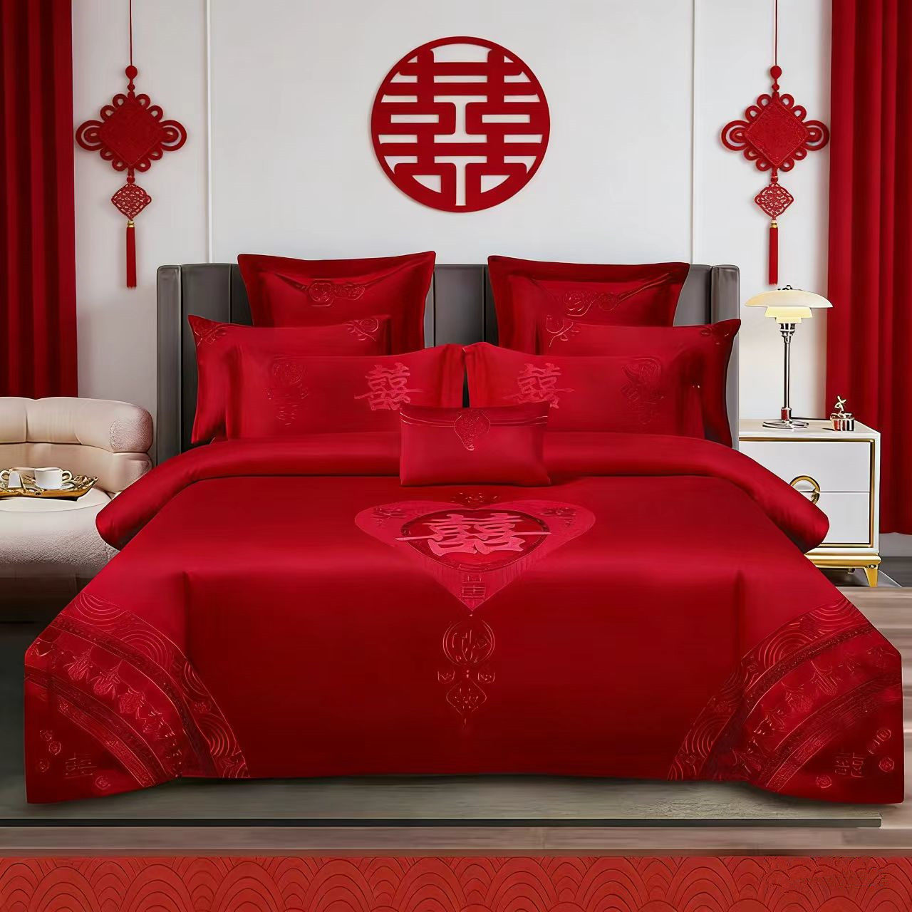 囍字 结婚庆床上被套四件套大红色全纯棉绣花喜被床单新婚礼床品