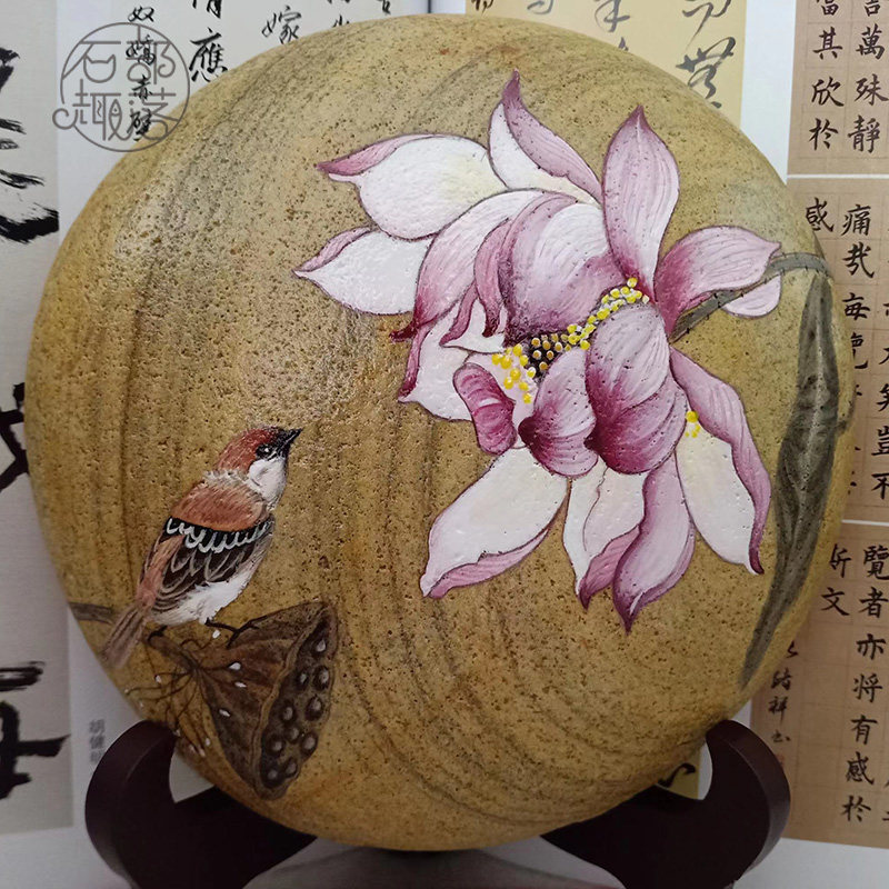 十年老店手绘石头画可以定制花鸟鱼虫书房酒柜摆件送长辈送朋友