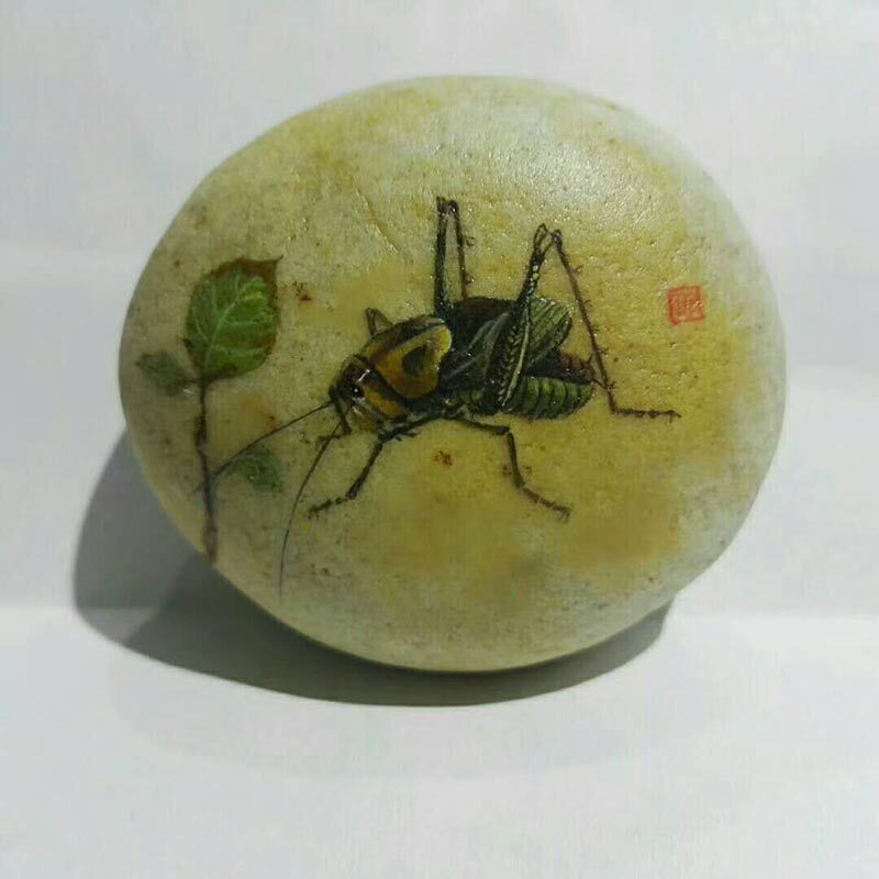 石趣部落手绘石头画小摆件临摹齐白石虫子蝈蝈压书石可爱创意礼物