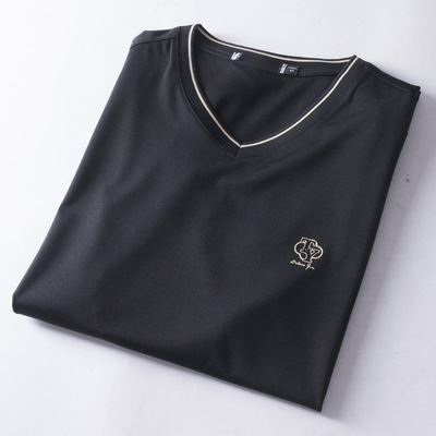 天丝V领短袖T恤桑蚕丝套头汗衫男