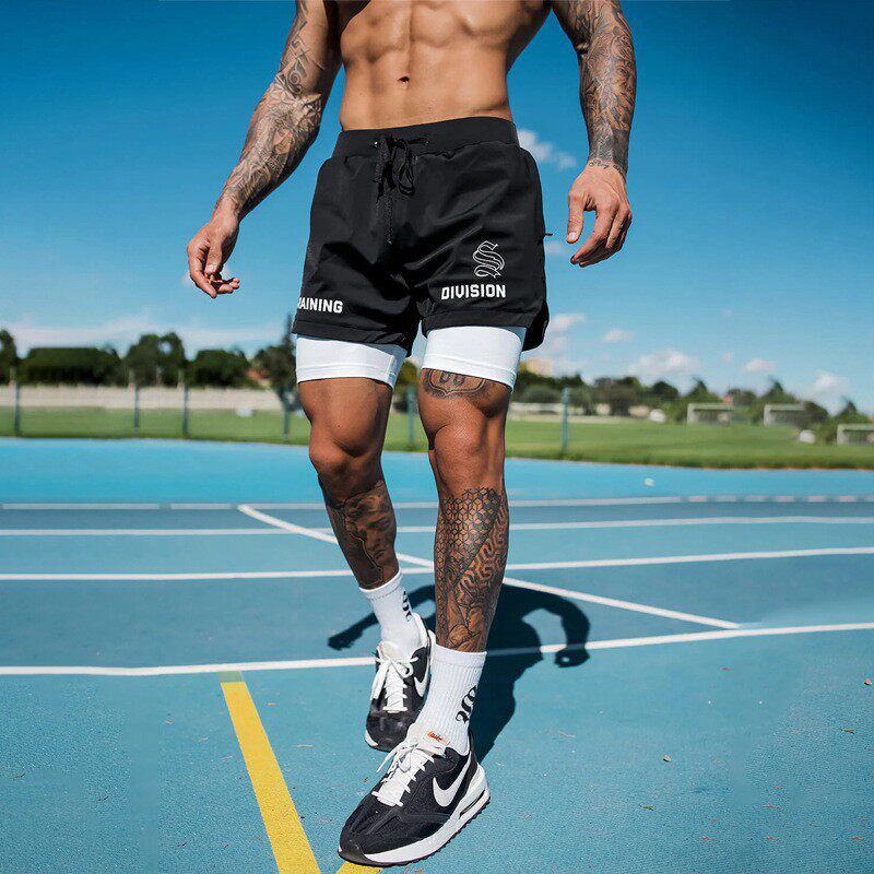 美式假两件不过膝运动四分裤夏季网眼速干透气篮球裤抽绳训练裤