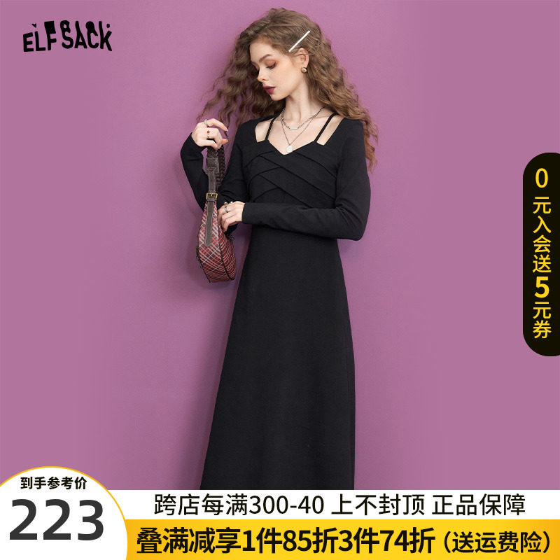 妖精的口袋法式黑色镂空长袖连衣裙女2023冬季新款修身显瘦小黑裙