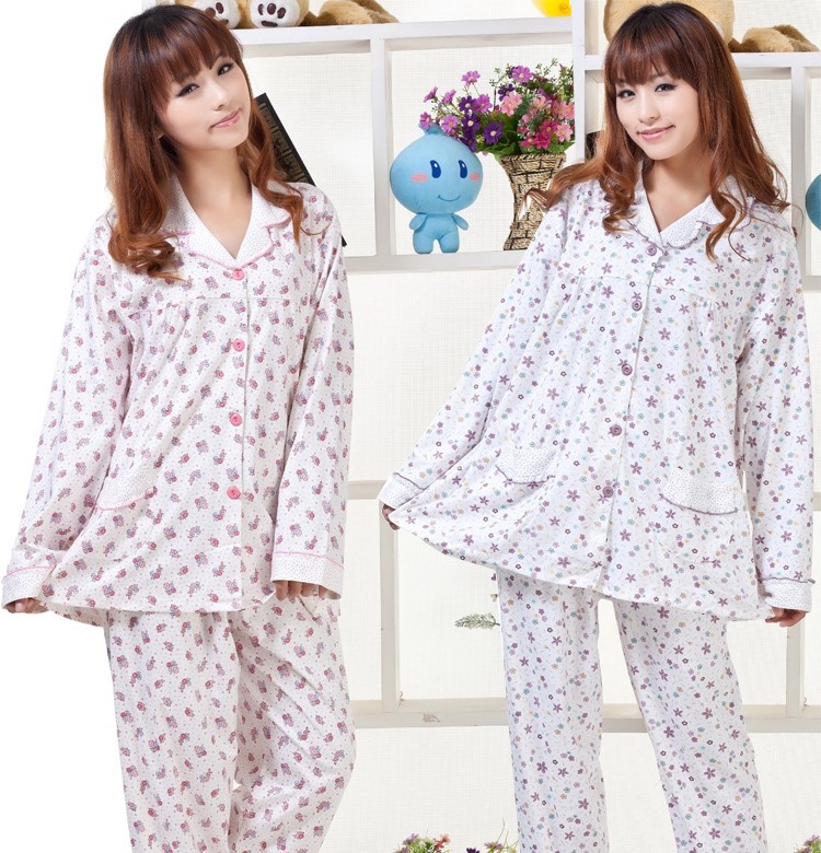 春秋纯棉女睡衣长袖长裤中老年大码胖MM家居服套装气质女人