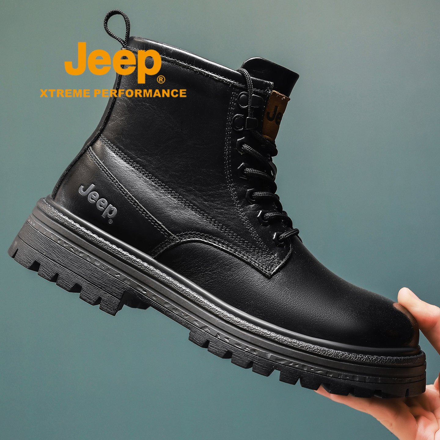 Jeep马丁靴男高帮秋冬季户外防滑登山靴男士真皮透气旅行机车靴子