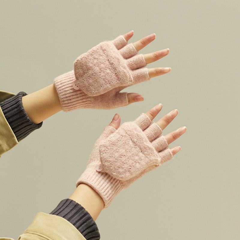 翻盖半指手套冬季女韩版毛线针织露指加厚学生写字保暖防寒可触屏