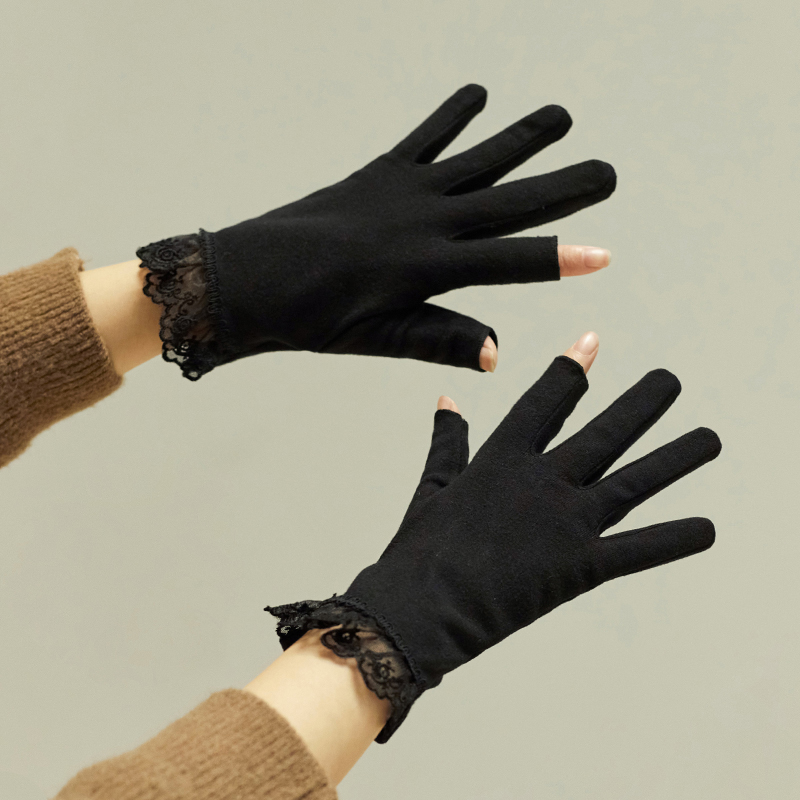 露二指头 2024新款女士棉手套薄款 冬天开车驾驶司机触屏漏指黑色