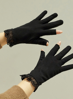 露二指头 2024新款女士棉手套薄款 冬天开车驾驶司机触屏漏指黑色