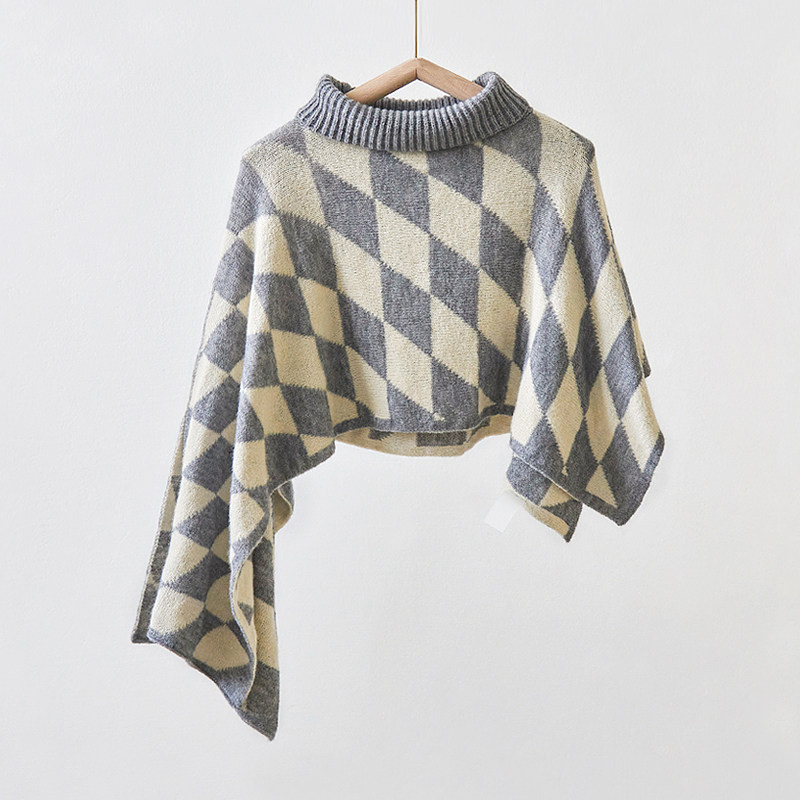 气质高领披肩秋冬季不规则斗篷毛线针织保暖菱形格围巾假领子围脖