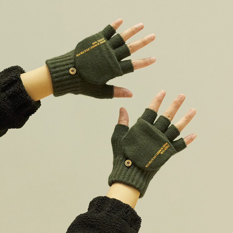 翻盖半指手套男冬天保暖韩版加厚加绒冬天毛线秋冬季露指学生骑行