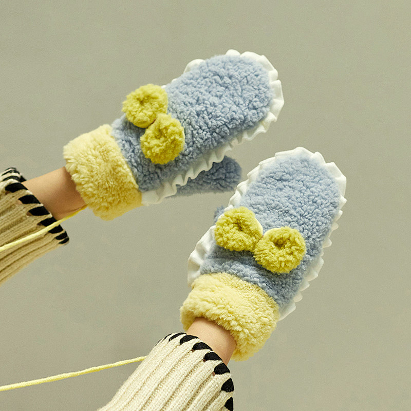 手套女冬季韩版可爱毛绒花边蝴蝶结加绒加厚连指挂脖骑行保暖冬天