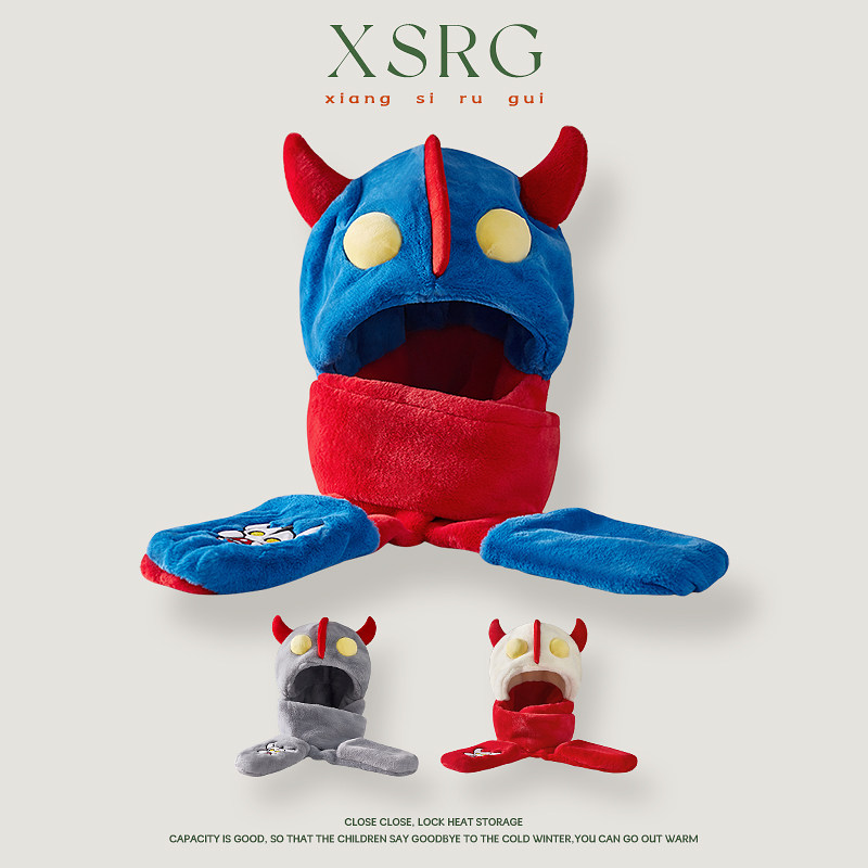 儿童围巾帽子手套一体三件套可爱卡通男童小孩子毛绒加厚防寒保暖