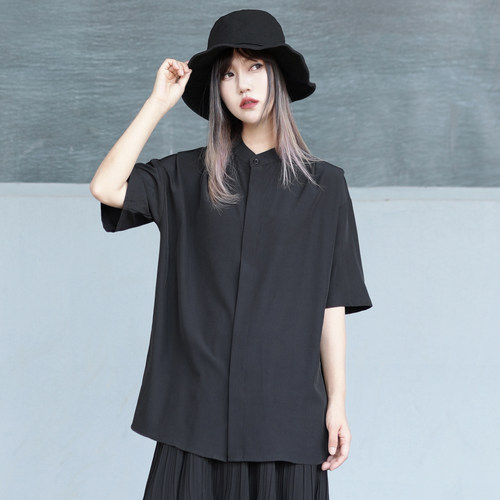 新中式暗扣无领短袖衬衫夏季女