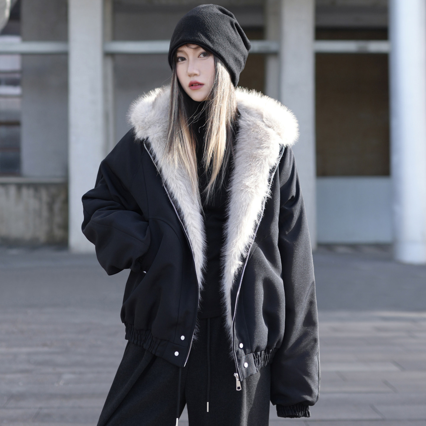 黑色毛领棉服美式复古飞行员夹克女款宽松秋冬季夹棉加厚毛毛外套,女装/女士精品,棉衣/棉服,淘宝优惠券,粉丝福利购,淘宝优惠卷