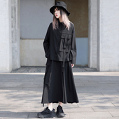 设计感酷飒风拽姐穿搭 裙子两件套女春秋宽松休闲套装 黑色长袖 衬衫