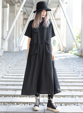 暗黑系机能风工装连衣裙黑色短袖衬衫裙长裙山本风女装夏宽松裙子