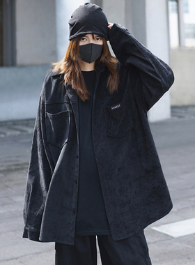 暗黑系酷飒山本风灯芯绒工装衬衫外套春秋款女装长袖黑色条绒衬衣