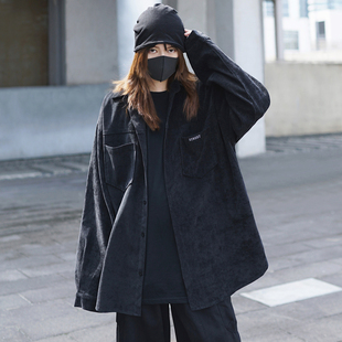 长袖 暗黑系酷飒山本风灯芯绒工装 女装 外套春秋款 黑色条绒衬衣 衬衫