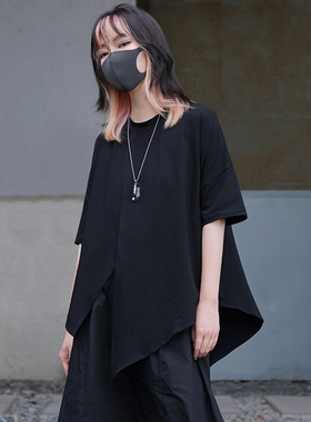 小众设计感不规则短袖T恤山本风黑暗系女装夏季宽松黑色半袖上衣