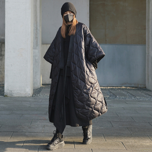 复古菱形绗缝夹棉外套过膝长款 大衣暗黑日系山本风 菱格棉服女冬季