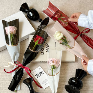 花中情LOVE烫金单支袋玫瑰花束包装袋鲜花透明包花花束防水opp袋