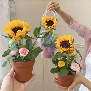 花中情 节日陶瓷鲜花小盆栽套装向日葵康乃馨插花花束diy花艺花店
