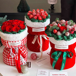 花中情 圣诞小香风绒布苹果草莓圆形花束包花布玫瑰鲜花花艺包装