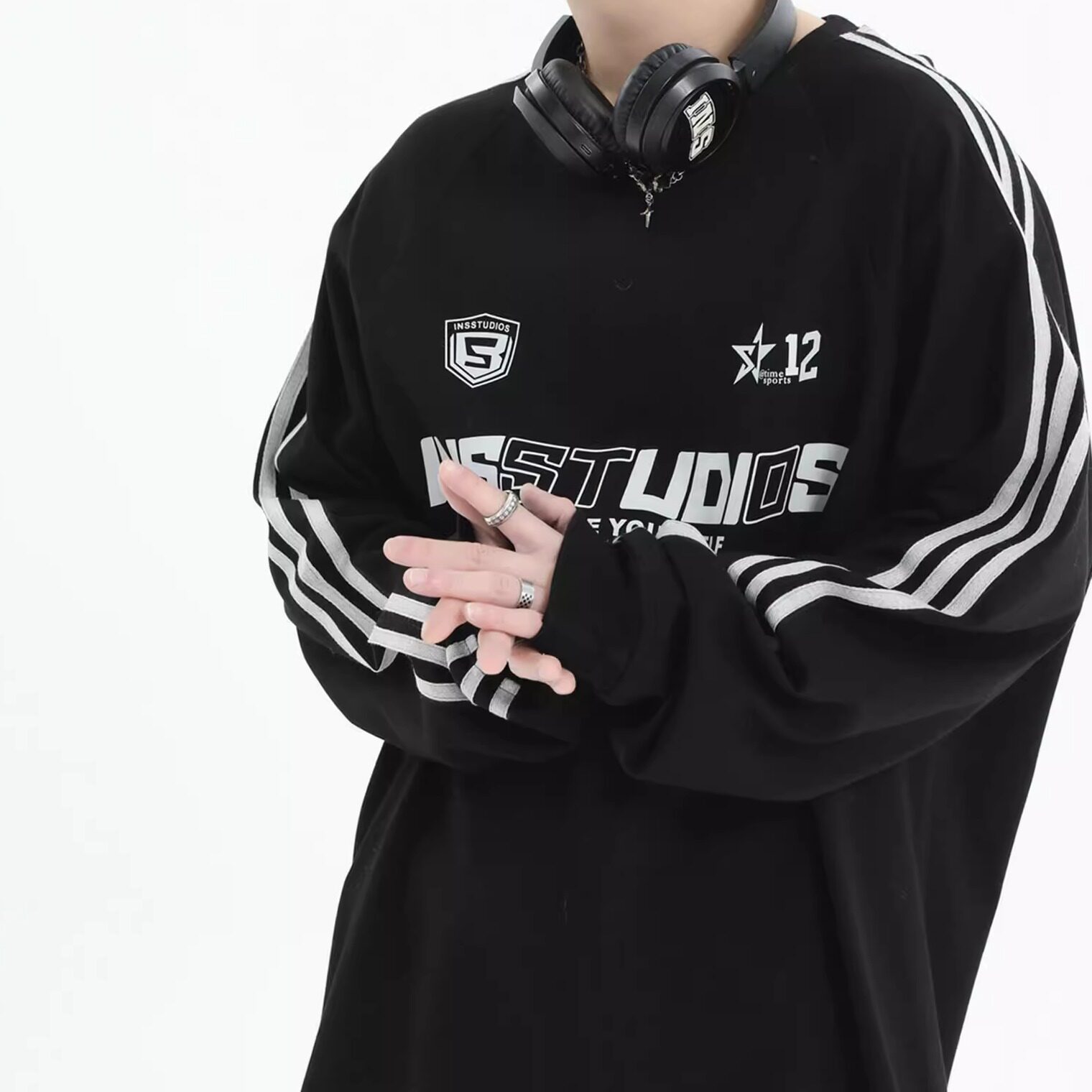 INSKR国潮牌情侣美式复古三条杠卫衣chic插肩长袖宽松重磅华棉男