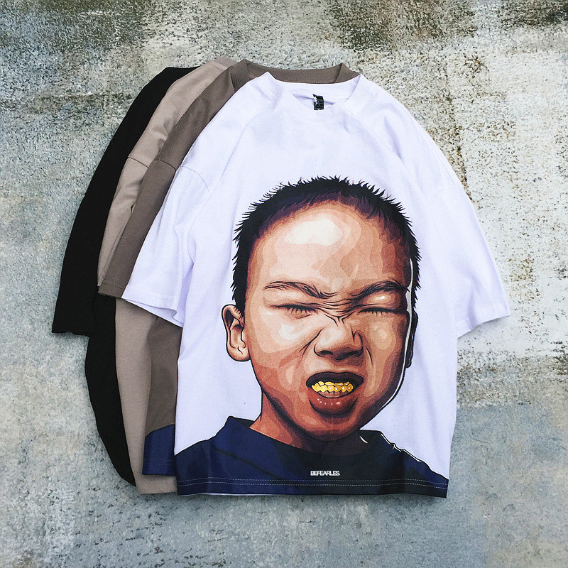 衫将欧美街头嘻哈短袖t恤男宽松半袖 情侣oversize小孩印花体恤潮