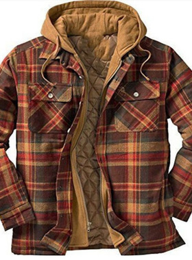 亚马逊爆款男装 秋冬款加厚棉衣 格纹长袖宽松连帽夹克外套现货