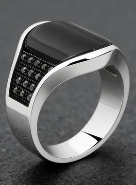 新款复古做旧黑石头戒指男潮经典宽面可调节个性潮单身戒