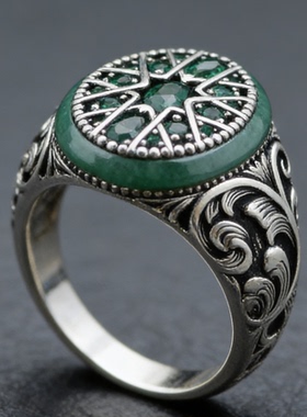 复古风男士戒指做旧绿宝石星芒工艺指环小众设计潮男配饰