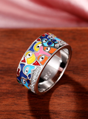 欧美个性彩色滴油眼睛戒指仿珐琅彩family女戒眼睛艺术指环饰品
