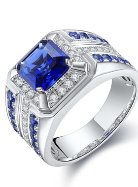 新款满钻银色男款戒指 合金镶嵌蓝色方钻锆石戒指潮男戒