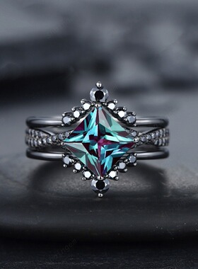 黑色仿水晶戒指女小众高级感指环时尚个性几何宝石镶嵌