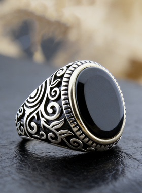 欧美新款 时尚平面黑色水晶雕刻花纹男戒指环饰品