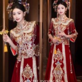 出租丝绒秀禾服婚服2025中式 结婚新娘嫁衣凤冠霞帔重工出阁礼服女