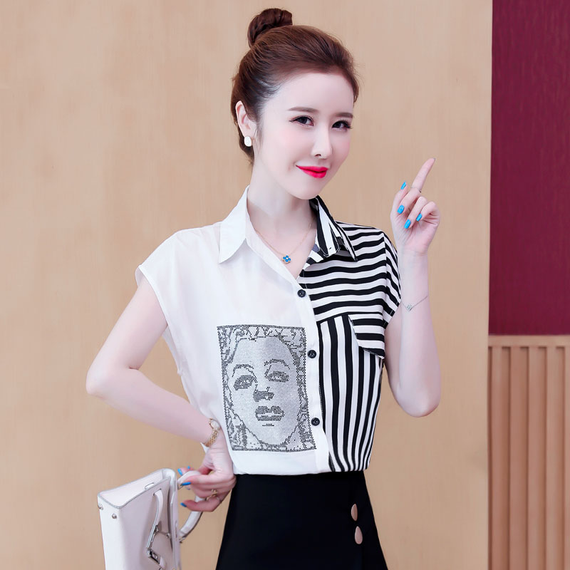 歐洲站2021夏裝新款歐貨洋氣印花條紋襯衫女短袖寬松顯瘦燙鑽上衣在類目 女裝/女士精品, 襯衫中 - 來自Buy2taobao.com提供專業的淘寶代購服務