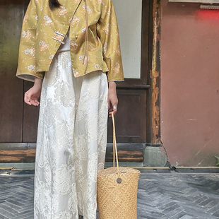 八分裤 BLUE 九分裤 国风松紧腰人丝棉提花米色阔腿裤 Y早秋新款