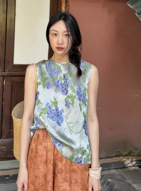 BLUE Y国风新中式人丝香云纱清凉感无袖蓝色提花背心上衣圆领